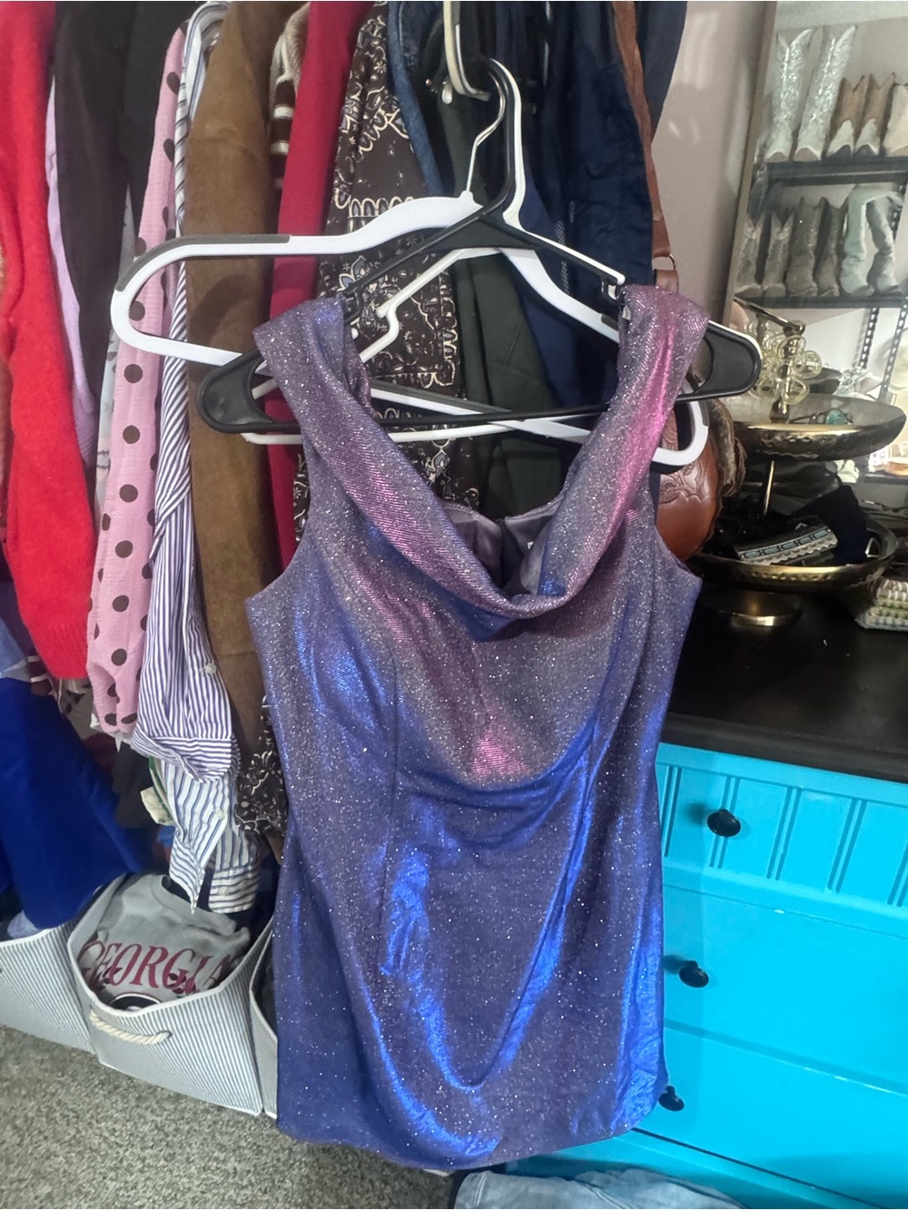 Sherri Hill Sparkling Purple with Pink Accent Cowl Neck Camisole